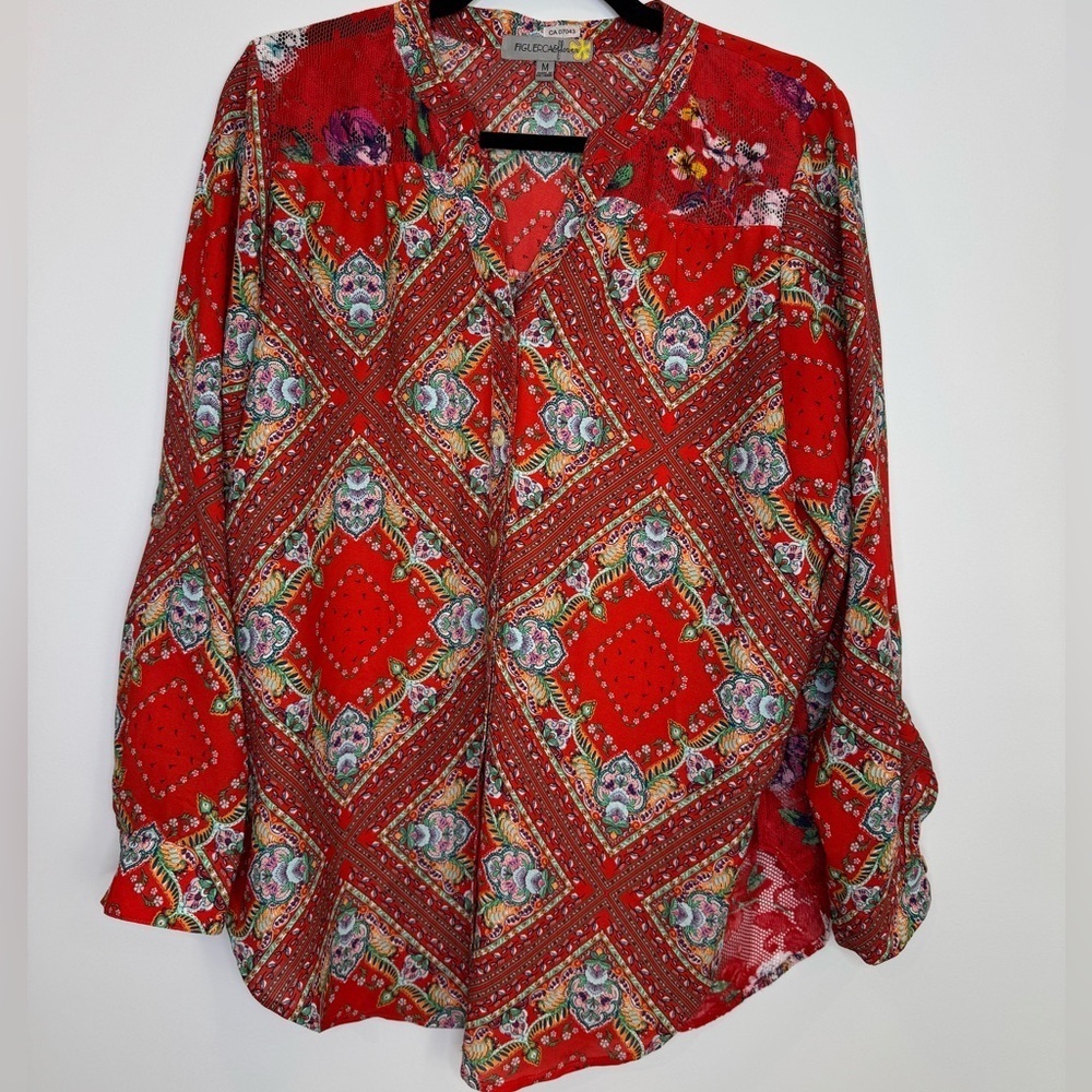 Figueroa & Flower mix media Red Patterned blouse size medium